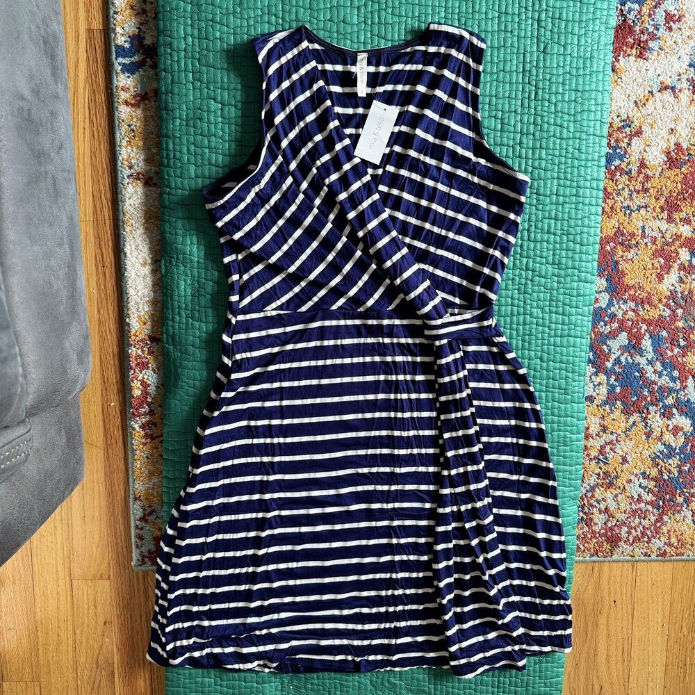 New Mia Tess Dress XL Navy Blue White Stripe Wrap Tank Dress Lined Knot USA Made
